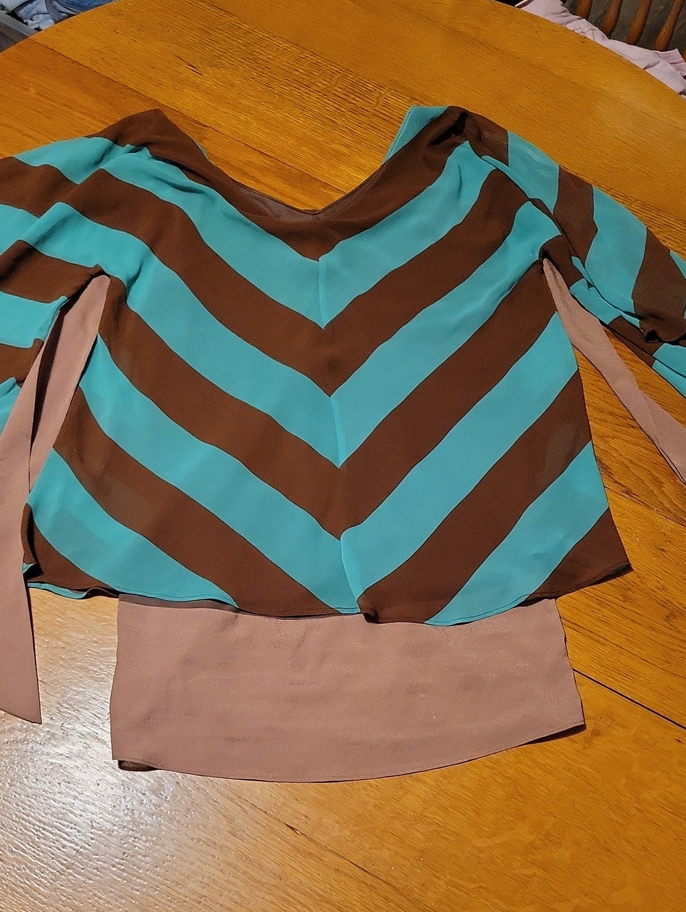 Judith March Teal and Brown Chevron V-Neck Blouse